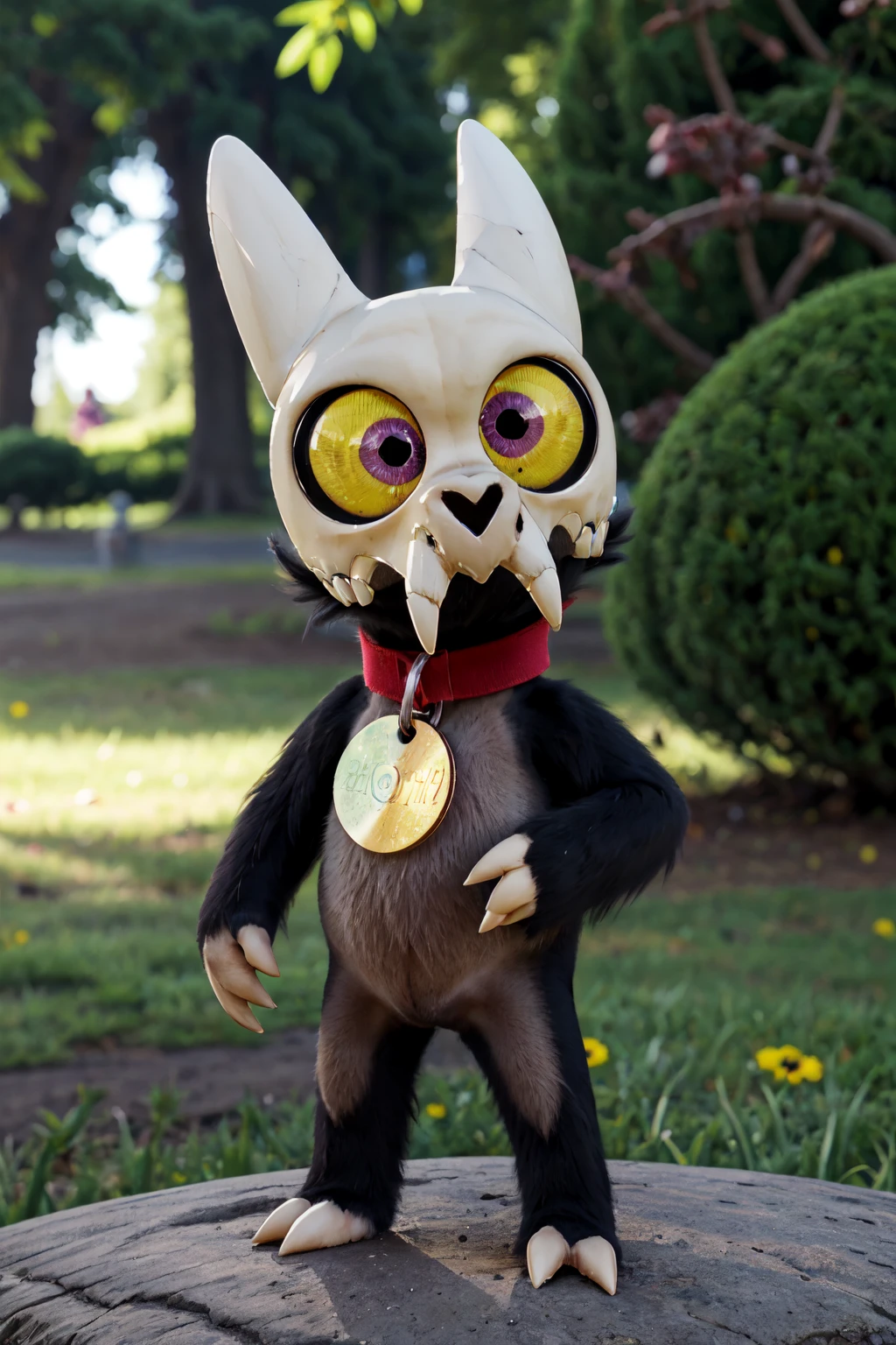 beautiful eyes, high detail skin, high detail eyes, high detail hair, highres, ultra detailed, sharpen picture, Highly detailed, masterpiece, best quality, photorealistic,
<lora:ClawthorneLoRA:1>1boy, skull helmet, teeth, pokemon (creature), colored sclera, red collar with circle pet tag, claws, tail, standing in a park