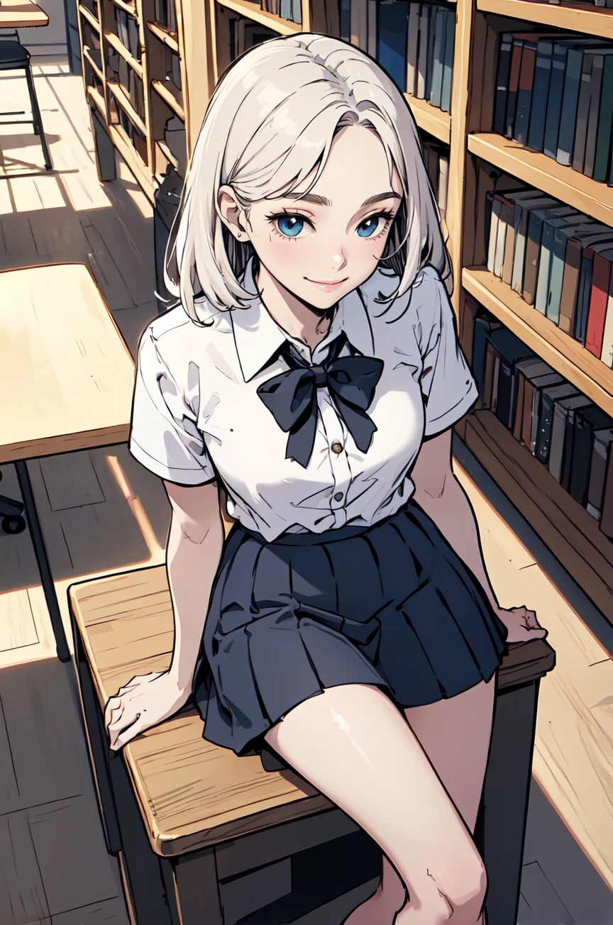 masterpiece, best quality,1girl,smile,library,collared_shirt and flared_skirt as material3,pale color,top down view