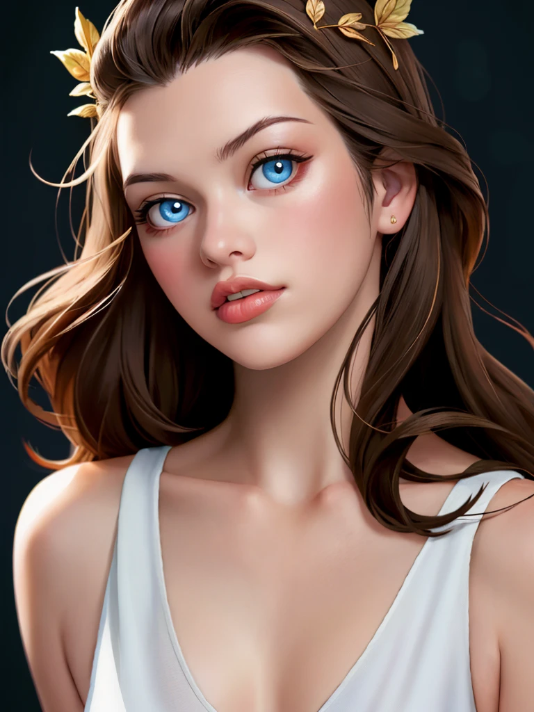 A beautiful m1ll4j woman, 1girl,solo,long hair,looking at viewer,blue eyes,simple background,brown hair,upper body,parted lips,teeth,lips,realistic,soft lighting, professional Photography, Photorealistic, detailed, RAW, analog, sharp focus, 8k, HD, high quality, masterpiece<lora:m1ll4j:1.0>