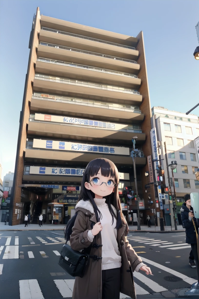 best quality, ultra high res,
1girl, solo, glasses, black hair, long hair, duffle coat, black bag, smile, looking at viewer, solo focus,
kinokuniya, storefront, real world location, scenery, sky, sign, day, city, building, street, road, blue sky, lamppost, traffic light, crosswalk, multiple boys, people, 6+boys, road sign, multiple girls, outdoors
 <lora:kinokuniya_shinjuku_SD15_V2:0.8>