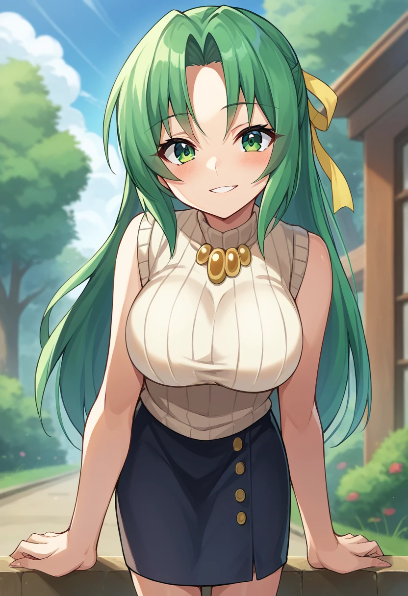score_9, score_8_up, score_7_up, 1girl, solo, source_anime BREAK sonozaki shion, green hair, long hair, green eyes, yellow ribbon, turtleneck sweater, black skirt, yellow necklace, outdoors, bent over, looking at viewer, <lora:SHionAdapt0.5 15-000010:1>