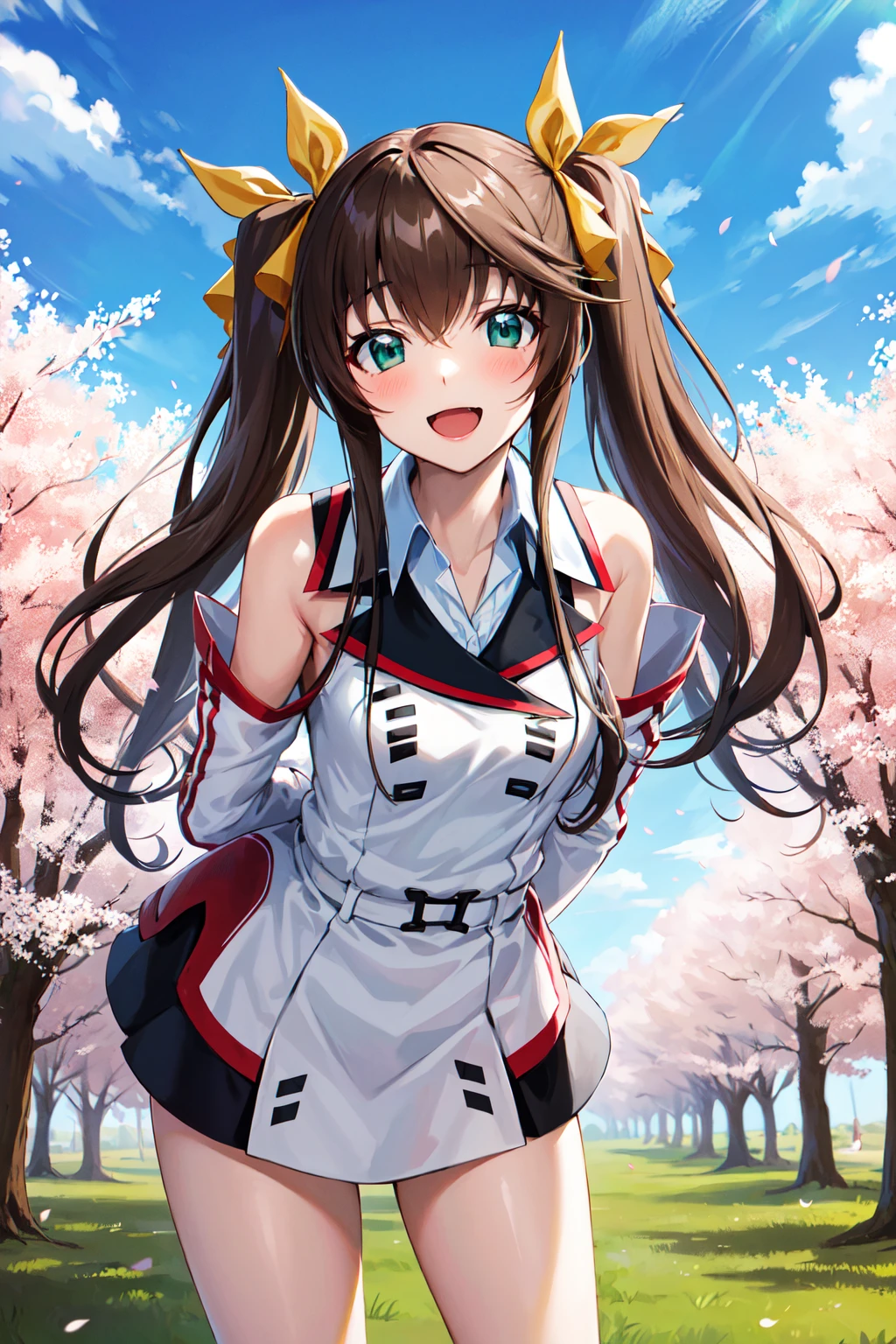 masterpiece, best quality, highres, aahuang, long hair, twintails, hair ribbon, small breasts, school uniform, white dress, detached sleeves, <lora:huang_lingyin_v1:0.7>, standing, cowboy shot, outdoors, smile, open mouth, leaning forward, arms behind back, cherry blossoms, looking at viewer