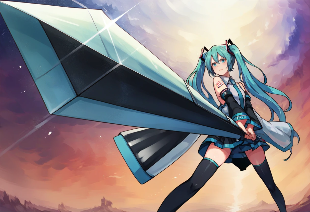 score_9, score_8_up, score_7_up, BREAK source_anime,masterpiece, top quality, best quality,
1girl, sunrise stance, holding, holding weapon,holding sword, standing , hatsune miku, <lora:pony-sunrise:1>