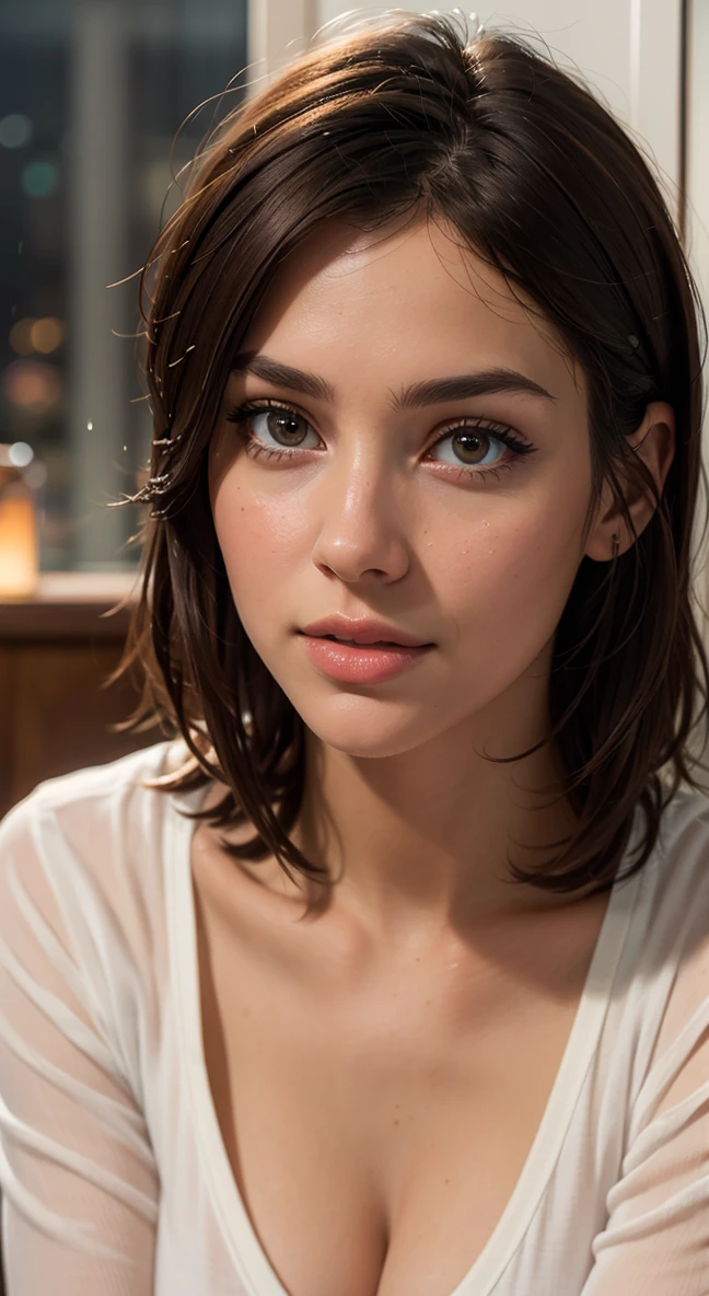 masterpiece, best quality, 8k, (looking at the viewer: 1.1), beautiful, hot, seductive, womam
woman with tanned skin,medium breasts, oiled black hair, (eye contact: 1.1), beautiful face, (detailed face: 1.2), (animated: 1.2), hyper detailed, best quality, ultra high resolution, brown hair , cozy house interior, photorealistic, high resolution, detailed , raw photo, 1girl, white clothes, night, city lights, rain