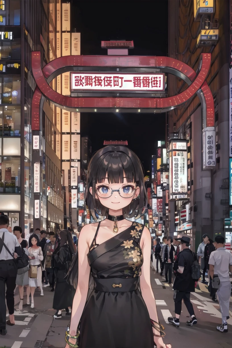 best quality, ultra high res,
1girl, solo, glasses, jewelry, long hair, necklace, smile, black hair, looking at viewer, black dress, dress, bracelet, choker, solo focus, upper body, looking at viewer, 
kabukicho1, road, scenery, city, street, crosswalk, sign, outdoors, 6+boys, building, multiple boys, sky, lamppost, night, cityscape, vanishing point, chinese text, pavement, crowd, cityscape, city lights, skyscraper,
<lora:kabukicho1_SD15_V2:1>