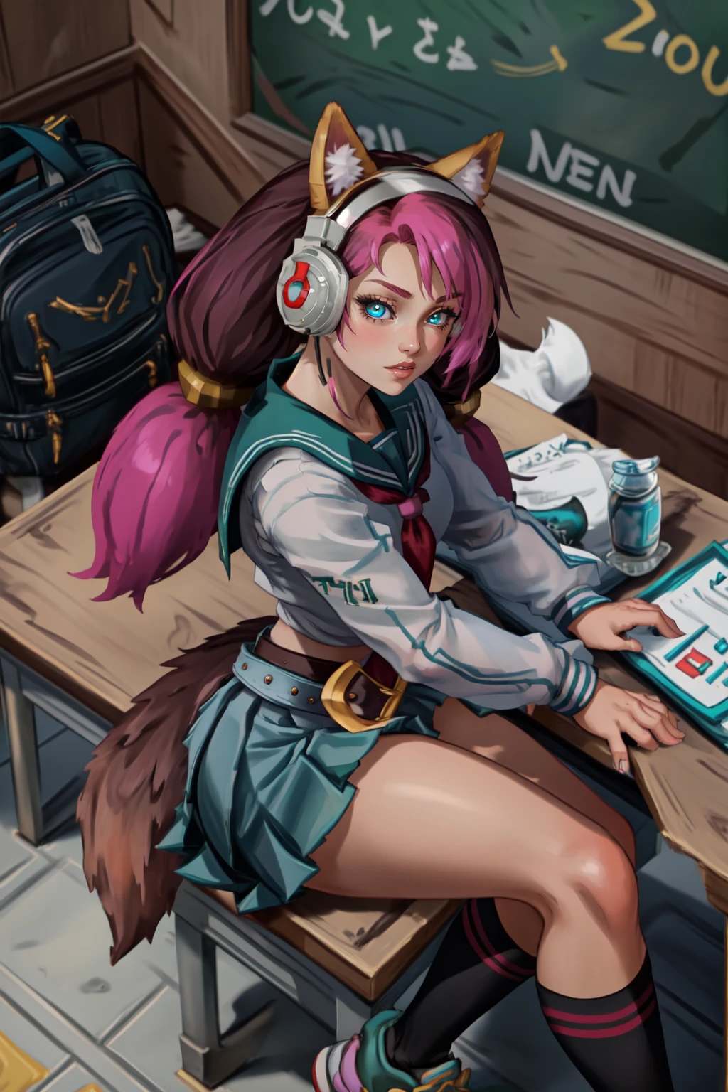 MaeveStreet, 1girl, solo, long hair, ((Serafuku)), animal ear headphones, (from above, upper body, sitting, desk, clean floors), long sleeves, stripped sleeves, blue eyes, wolf tail, pink hair, looking at viewer, ((school_uniform)), shoes, (twintails), belt, socks,  petite, black undershirt, fake animal ears, headphones, sneakers, glowing eyes, two-tone hair, ((pleated skirt)), 
(Japanese classroom),  <lora:MaeveStreet:0.8>