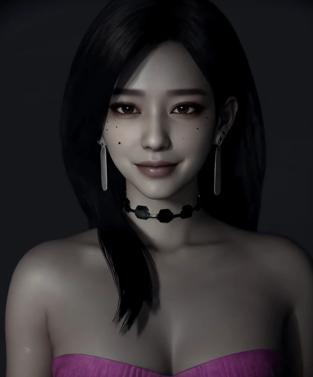 dark theme,80s_horror_game,1girl,solo,long hair,smile,black hair,jewelry,upper body,earrings,choker,mole,black eyes,lips,mole under mouth,dark,<lora:80s_horror_game-07:1>,<lora:LowRA:0.8>,