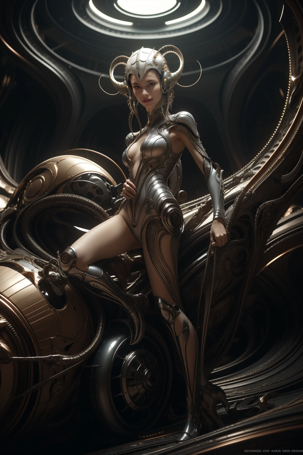 (masterpiece1.2),(best quality:1.2),(raw photo),ptp girl, solo,robot woman by cybernetic ludum dare,legs,boots,(light smile:0.85),looks at viewer,face to viewer,in the style of sci-fi baroque, (rococo_style headgear), translucent thin tubes linked with helmet,white,copper_color, glowing light,8k resolution, machine aesthetics, intricate detail, hyper-realistic sci-fi, futuristic organic,(high key lighting),the bodysuit composed of  various translucent mechanical parts, H.R. Giger aesthetic,cyberpunk aesthetic. baroque xenomorph,dust in light,foggy,bokeh,kodak film,kodak portra 400,natural skin, true skin texture,  <lora:rococo xenomorph:0.5>,<lora:epiCRealismHelper:1>