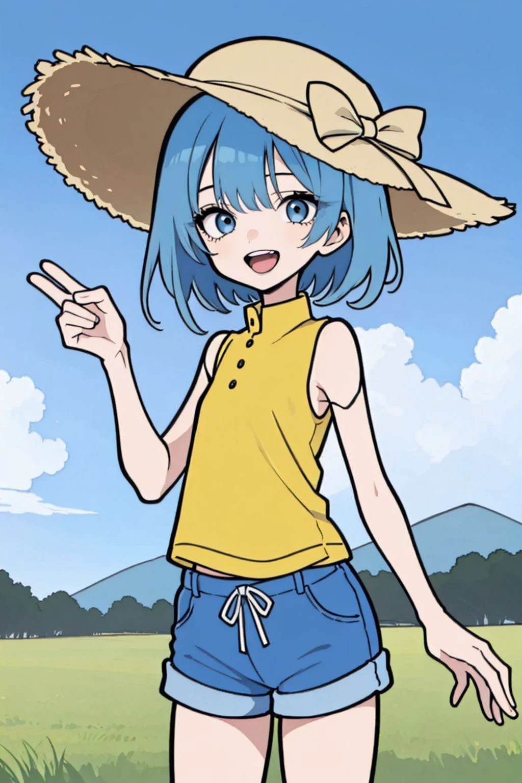 anime,1girl,solo,outdoors,:d,bare arms,blue hair,blue shorts,blue sky,cloud,day,grass,hand up,hat,long hair,looking at viewer,open mouth,shirt,short sleeves,shorts,sky,sleeveless,sleeveless shirt,smile,standing,sun hat,swept bangs,teeth,upper teeth only,white headwear,yellow shirt,