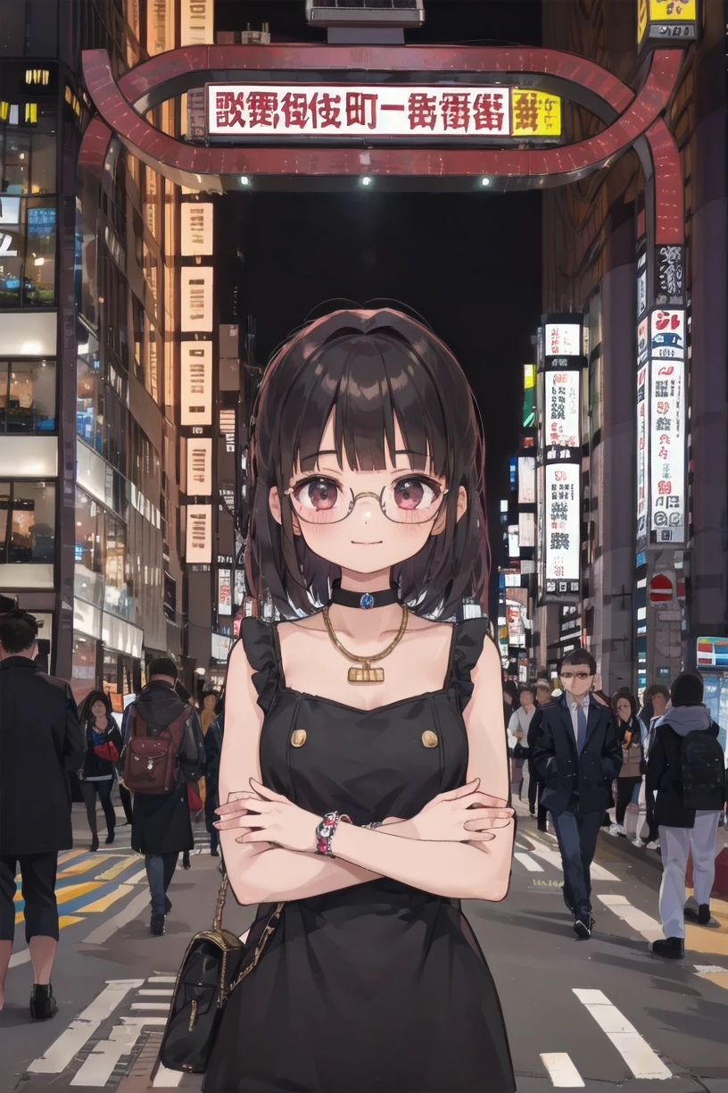 best quality, ultra high res,
1girl, solo, glasses, jewelry, long hair, necklace, smile, black hair, looking at viewer, black dress, dress, bracelet, choker, solo focus, upper body, looking at viewer, 
kabukicho1, road, scenery, city, street, crosswalk, sign, outdoors, 6+boys, building, multiple boys, sky, lamppost, night, cityscape, vanishing point, chinese text, pavement, crowd, cityscape, city lights, skyscraper,
<lora:kabukicho1_SD15_V2:1>