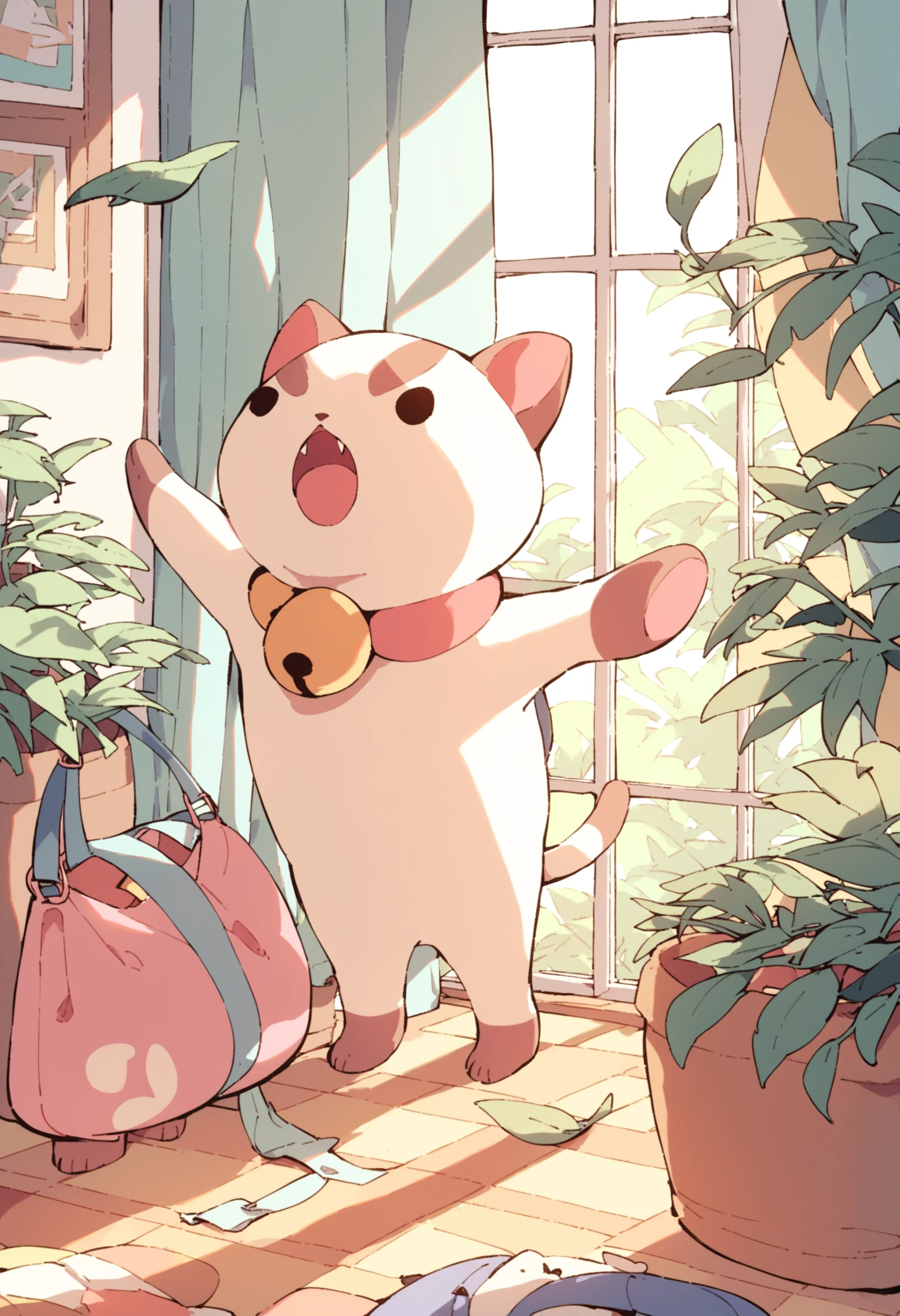 Puppycat, open mouth, standing, indoors, bag, window, bell, leaf, fangs, cat, outstretched arms, plant, curtains, neck bell, potted plant, animal focus, score_9_up, score_8_up, score_7_up, score_6_up, source_anime , <lora:puppycat_ponyxl:1>