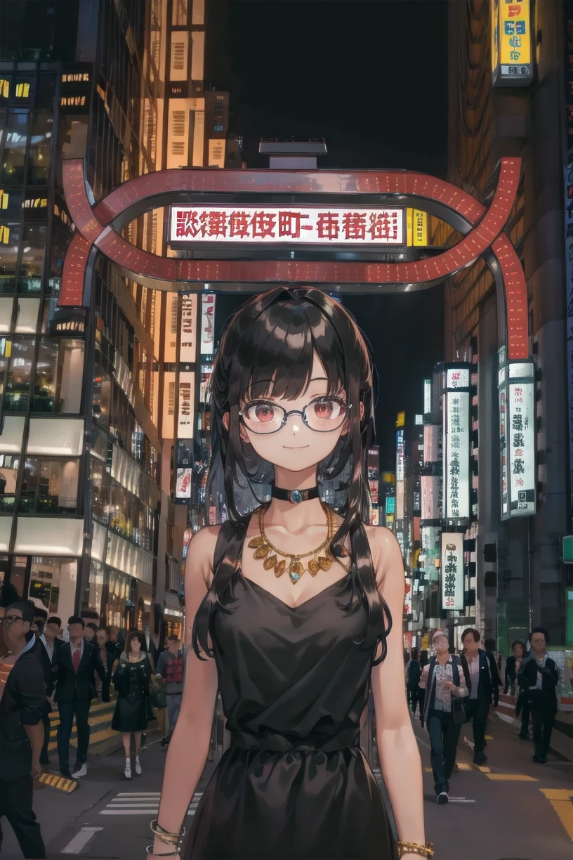 best quality, ultra high res,
1girl, solo, glasses, jewelry, long hair, necklace, smile, black hair, black dress, dress, bracelet, choker, solo focus, upper body, looking at viewer, 
kabukicho1, road, scenery, city, street, crosswalk, sign, outdoors, 6+boys, building, multiple boys, sky, lamppost, night, cityscape, vanishing point, chinese text, pavement, crowd, cityscape, city lights, skyscraper,
<lora:kabukicho1_SD15_V2:1>