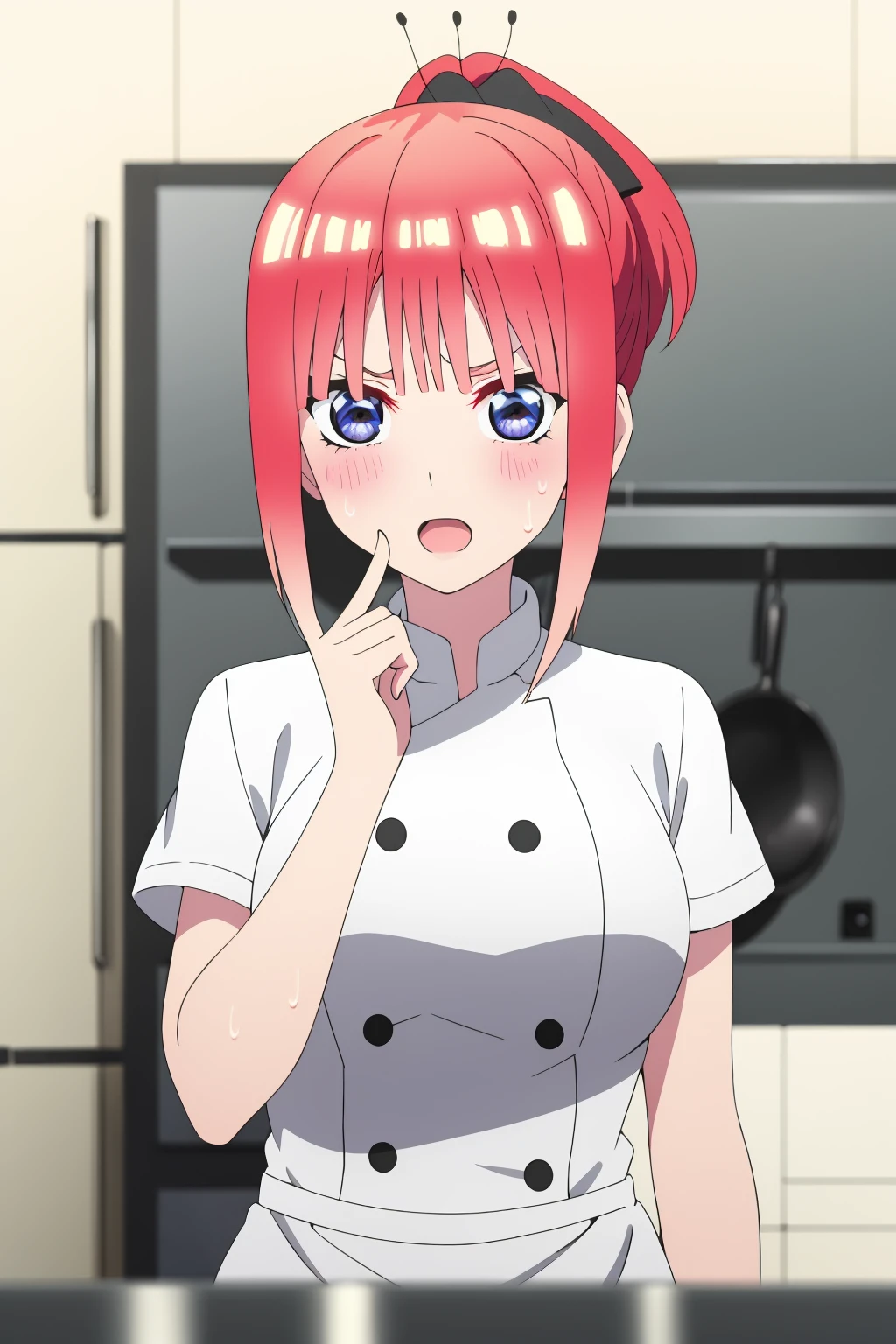((best quality)),((highly detailed)),masterpiece,absurdres,detailed face,beautiful face,(detailed eyes, deep eyes),1girl,((dynamic pose)) , <lora:NinoV1:0.8>Nino, pink hair, butterfly hair ornament, chef, bangs, blue eyes, hair ornament, apron, blunt bangs, kitchen, blush, ponytail, ribbon, black ribbon, smirk, looking at viewer, breasts, v-shaped eyebrows, sweatdrop, short hair, indoors, large breasts, hair ribbon, holding, medium hair, sidelocks, :o, eyebrows hidden by hair, twintails, solo, shiny hair, shiny, raised eyebrows, sweat
