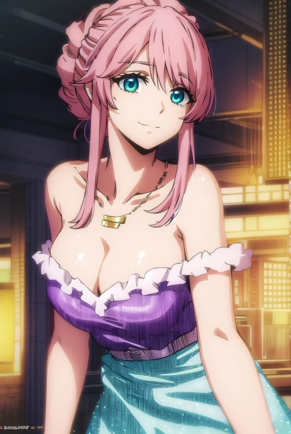 hepatocyte, <lora:hepatocyte s1-lora-nochekaiser:1>,
hepatocyte, long hair, (green eyes:1.3), pink hair, sidelocks, hair up, smile,
BREAK dress, cleavage, bare shoulders, jewelry, necklace, purple dress, strapless, strapless dress, collarbone,
BREAK indoors,
BREAK looking at viewer, (cowboy shot:1.5), dynamic pose,
BREAK <lyco:GoodHands-beta2:1>, (masterpiece:1.2), best quality, high resolution, unity 8k wallpaper, (illustration:0.8), (beautiful detailed eyes:1.6), extremely detailed face, perfect lighting, extremely detailed CG, (perfect hands, perfect anatomy),