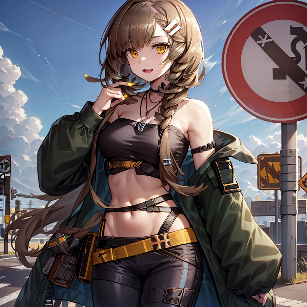 ((Arknights Firewhistle)), 1girl, solo, jacket, long hair, looking at viewer, breasts, black pants, pants, bare shoulders, jewelry, open clothes, smile, necklace, yellow eyes, open mouth, open jacket, road sign, hair ornament, bangs, medium breasts, crop top, sign, off shoulder, tube top, brown hair, hairclip, midriff, strapless, long sleeves, black shirt, green jacket, very long hair, outdoors, holding, ((standing)), cannon, upper body, <lora:Firewhistle_Arknights:0.6>