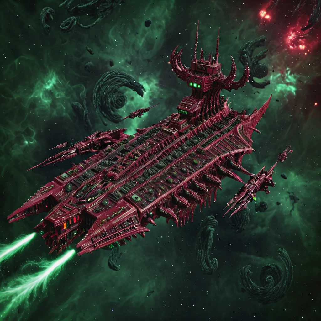 a red twisted demonic chaoswarfleet battleship with tentacles and many eyes in space, motion blur, explosions, maelstrom, nebula, asteroids, green lighting, eerie glow, horror theme, warped,