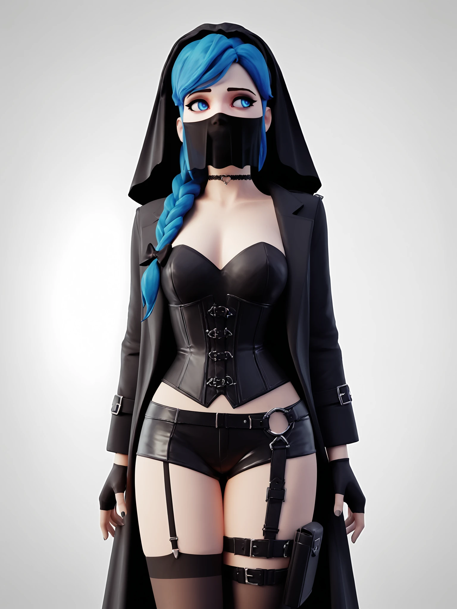 score_9, score_8_up, score_7_up, score_6_up, score_5_up, score_4_up,
BREAK
girl with blue hair, blue eyes, empty eyes, long hair, straight hair, bangs, mature female, black bow, hair bow, braided hair, black pupils, looking away,
BREAK
standing, medium breasts, black tank top, black shorts, black thighhighs, black fingerless gloves, black elbow gloves, strapless, garter straps, choker, (black coat:1.2), black veil, black mouth veil, black bridal veil, corset, (thigh holster:1.1),
BREAK
white background, realistic, 3d, render, <lora:Lunas-ForceballFX-SDXL-A2:1>