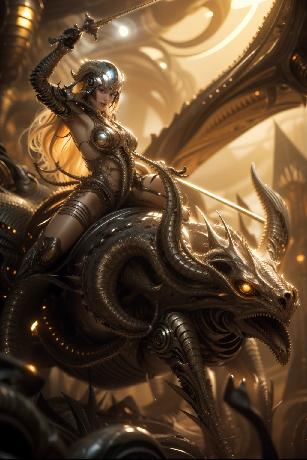 (masterpiece1.2),(best quality:1.2),(raw photo),1girl rides a dragon, solo,robot woman by cybernetic ludum dare,blond hair,legs,boots,(light smile:0.85),looks at viewer,face to viewer,in the style of sci-fi baroque, (rococo_style headgear), translucent thin tubes linked with helmet,white,copper_color, glowing light,8k resolution, machine aesthetics, intricate detail, hyper-realistic sci-fi, futuristic organic,(high key lighting),the bodysuit composed of various translucent mechanical parts, H.R. Giger aesthetic,cyberpunk aesthetic. baroque xenomorph,dust in light,foggy,bokeh,kodak film,kodak portra 400,natural skin, true skin texture, <lora:rococo xenomorph:0.5>,<lora:epiCRealismHelper:1>