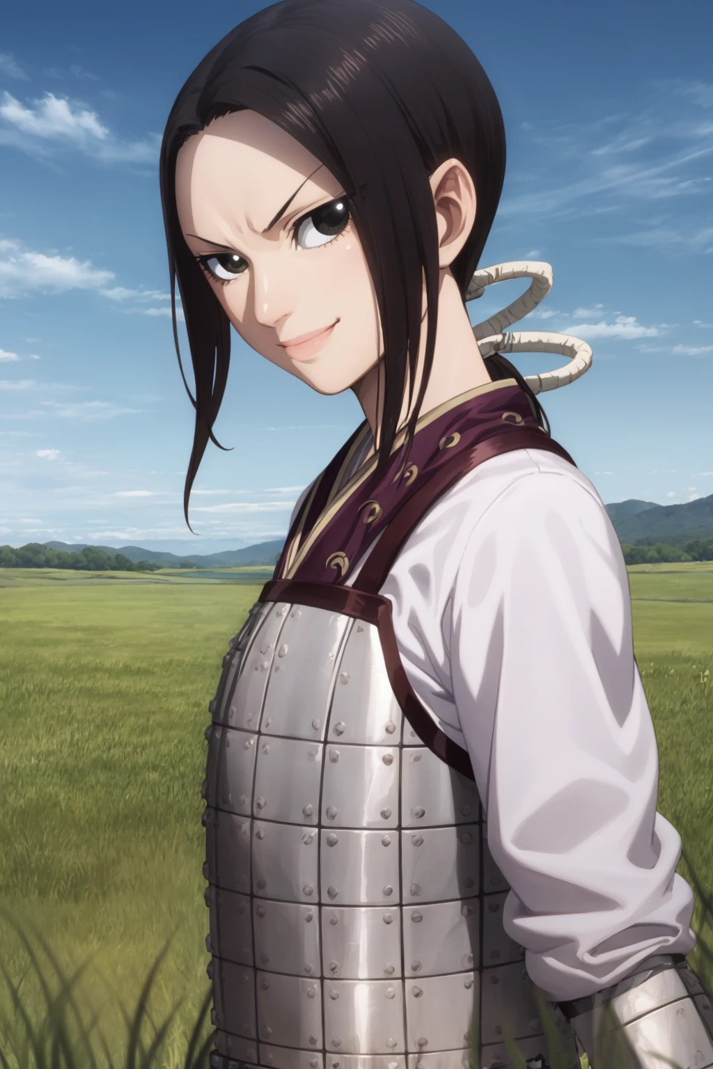 masterpiece, best quality,
1girl, kaine, black hair, low ponytail, black eyes, long sleeves, armor,
smile, looking at viewer, solo, upper body, grass, blue sky, meadowbackground <lora:Kaine:1>