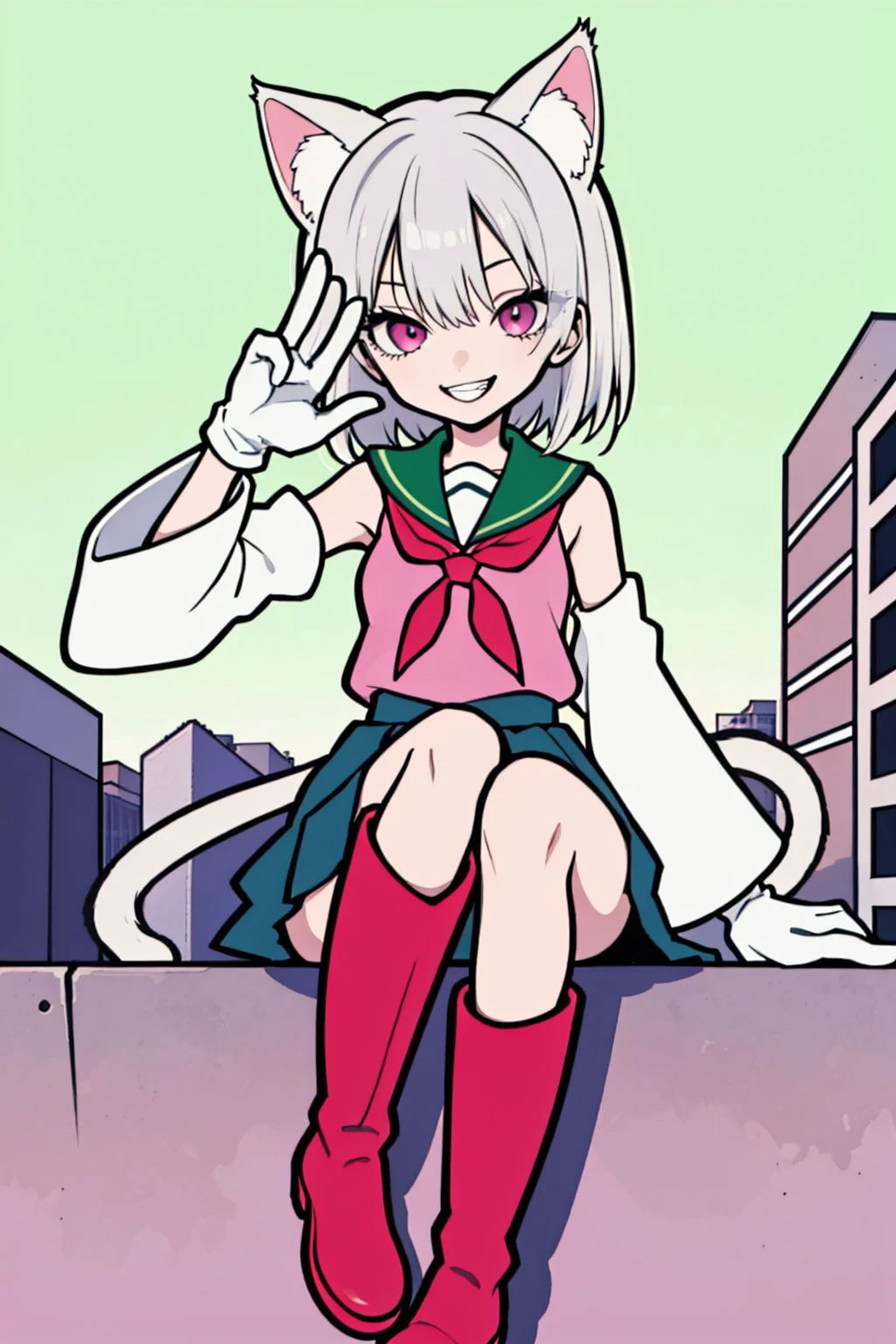 1girl,solo,masterpiece,best quality,outdoors,pose,animal ears,boots,cat ears,cat girl,cityscape,dress,gloves,green background,grin,hand up,knee boots,knee up,long sleeves,looking at viewer,medium hair,pink eyes,pleated skirt,red footwear,sash,sitting,skirt,sleeveless dress,tail,v,white hair,white sailor collar,wide sleeves,