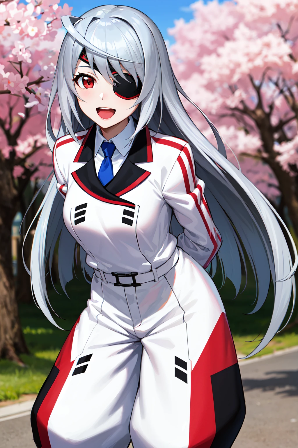 masterpiece, best quality, highres, aalaura, long hair, eyepatch, school uniform, necktie, collared shirt, white jacket, belt, white pants,, <lora:laura_bodewig_v1:0.7>, smile, open mouth, standing, leaning forward, arms behind back, outdoors, cherry blossoms,
