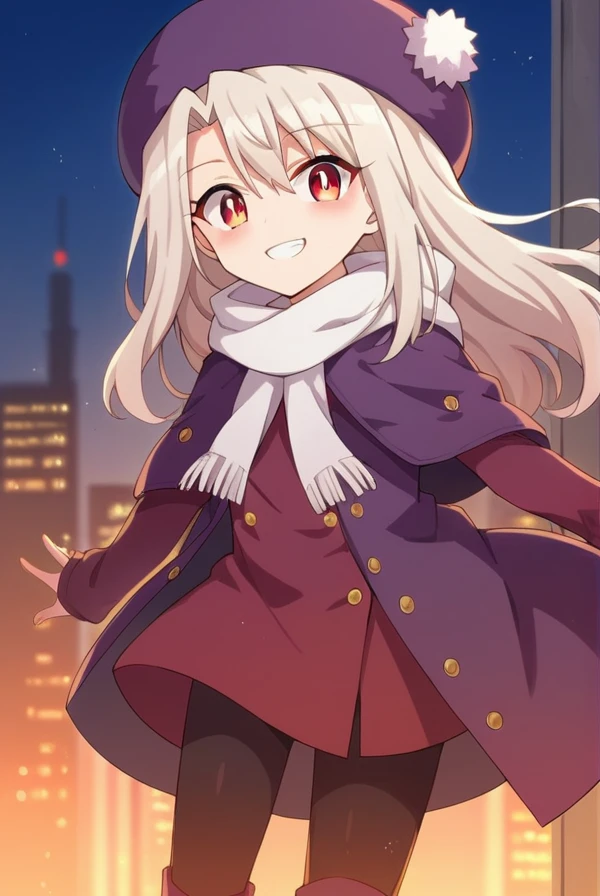 score_9, score_8_up, source_anime, 1girl, illyasvielvoneinzbern, illyasviel von einzbern, long hair, red eyes, white hair, hat, boots, scarf, coat, capelet, white scarf, purple headwear, fur hat, papakha, looking at viewer, smile, cityscape, blue sky <lora:illyasviel_von_einzbern-sdxl-nochekaiser-000008:1>