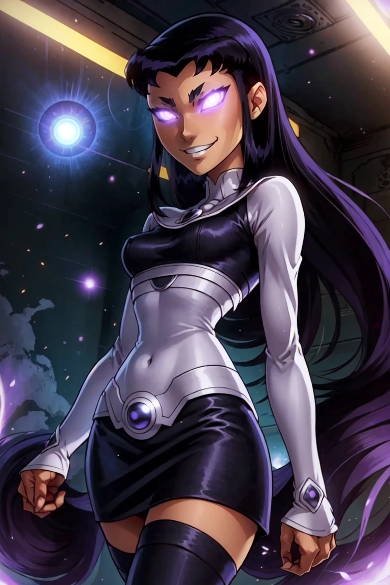 ((masterpiece, best quality)), anime style, <lora:more_details:0.5>, <lora:Blackfire_DC:0.7>, Blackfire_DC, black hair, 1girl, solo, dark skin, upper body, grin, glowing, glowing eyes, no pupils, clenched fist, black top, long sleeves, bodysuit, black skirt, silver thighhighs, solo, smile, looking at viewer, cowboy shot,