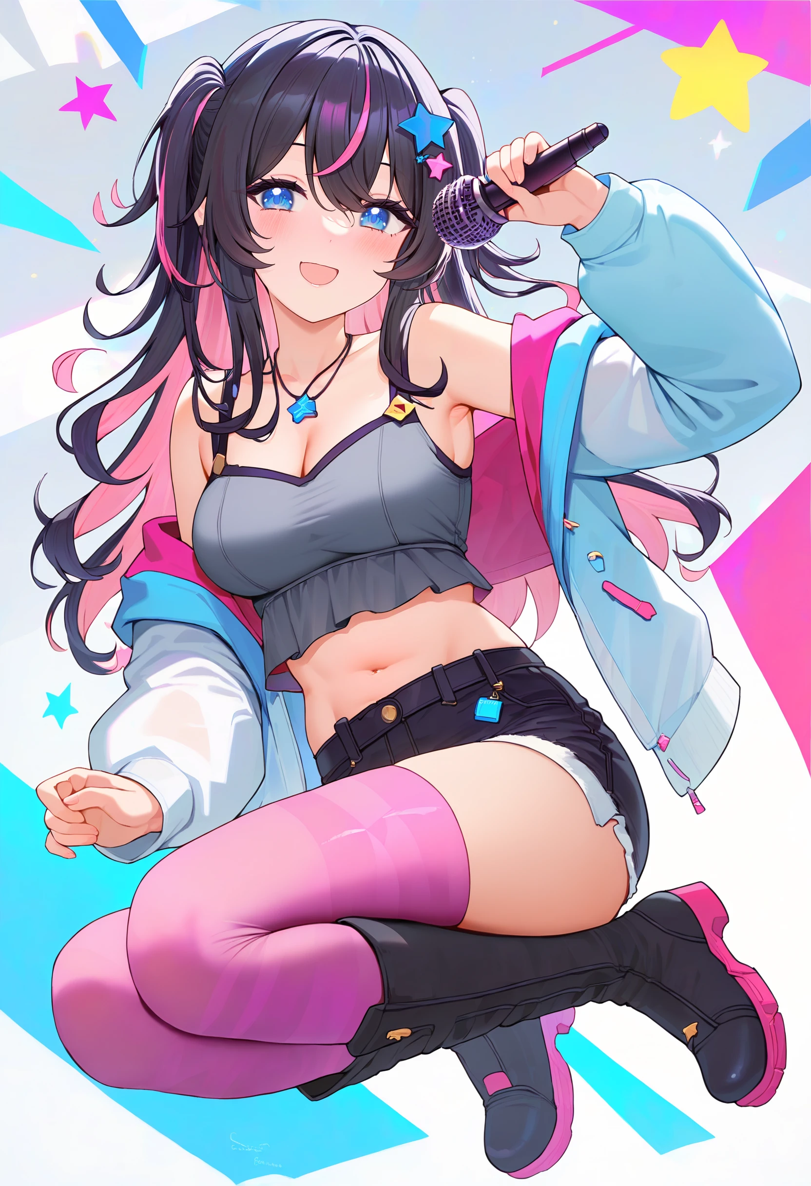 score_9,score_8_up,score_7_up,<lora:PDFA_Style5118164398:1>,1girl,solo,blush,smile,looking at viewer,pink hair,:d,arm up,bare shoulders,black hair,black shirt,black skirt,blue eyes,boots,breasts,camisole,cleavage,collarbone,crop top,cropped jacket,dot nose,full body,grey background,grey shirt,hair between eyes,hair ornament,hairclip,holding,holding microphone,jewelry,knee boots,long hair,microphone,micro shorts,midriff,mismatched legwear,multicolored hair,navel,necklace,open mouth,pantyhose,shirt,skirt,sleeveless,sleeveless shirt,sleeves past wrists,star \(symbol\),star hair ornament,streaked hair,two-tone hair,wavy hair,