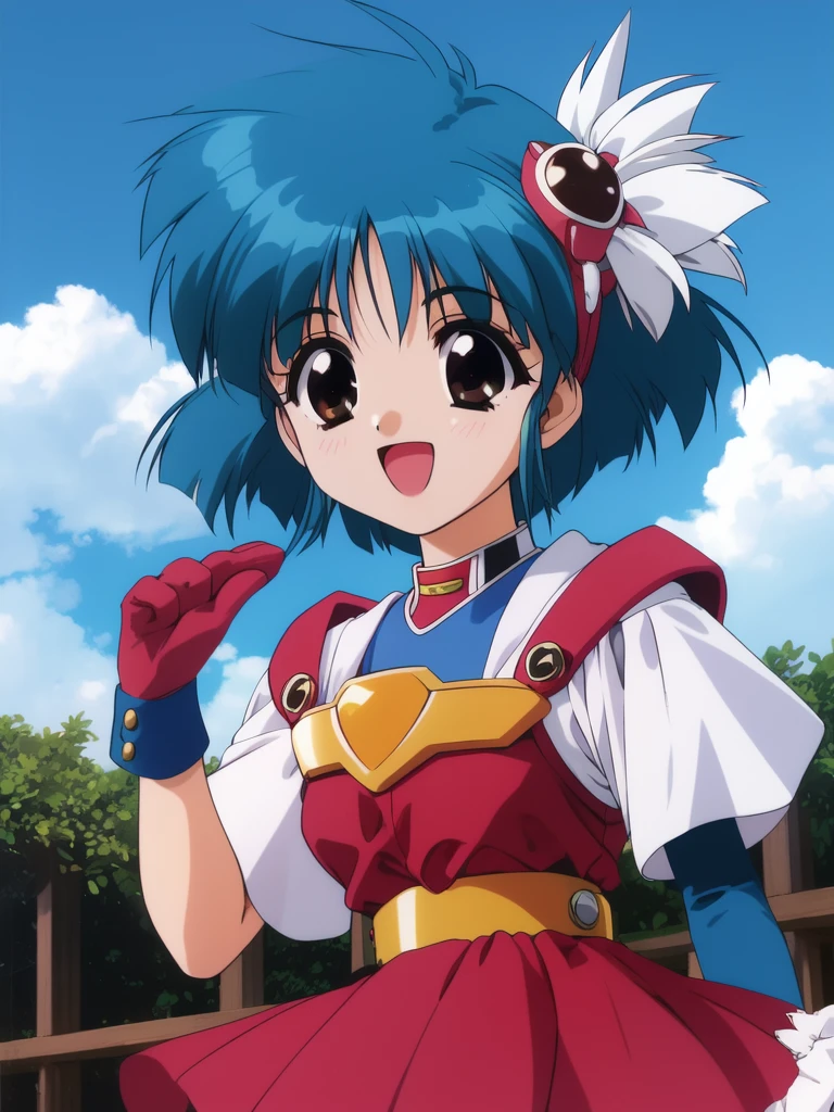 <lora:Sawady:0.8>, Sawady, 1girl, solo, short hair, hair ornament,, blue hair, gloves, skirt, 1990s (style), brown eyes, open mouth, smile, looking at viewer, outdoor, sky, cowboy Shot,
masterpiece, high quality, very_high_resolution, large_filesize, full color,
