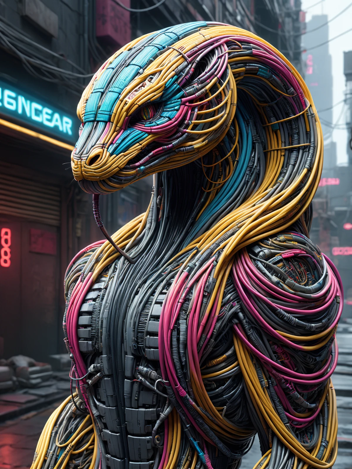 cobra made of mad-cables in cyberpunk alley,   <lora:Cables_SDXL:0.8>, (masterpiece:1.2), best quality, (hyperdetailed, highest detailed:1.2), high resolution textures