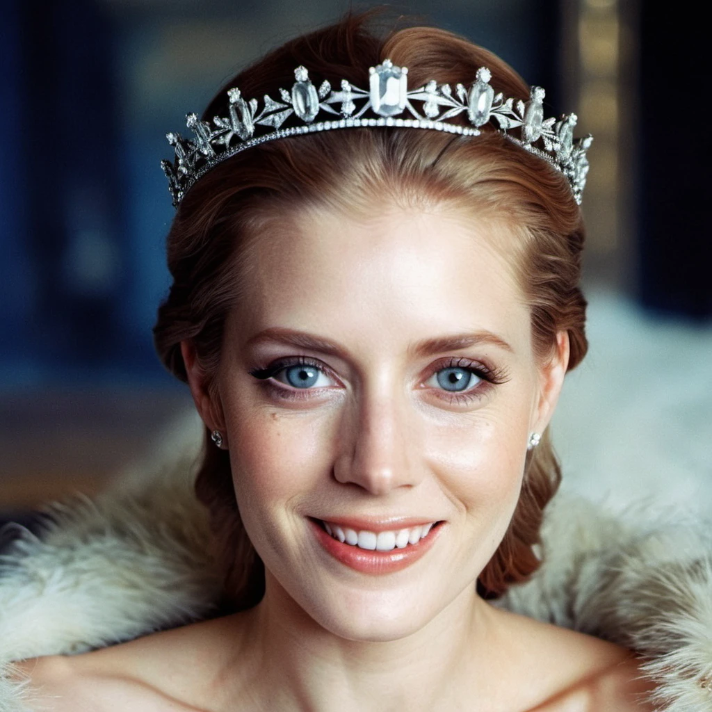 (Skin texture),High qualitycloseup face portrait photo, analog, film grain, actress dressed as a stunningly beautiful young medieval queen with a delicate diamond tiara,regal, <lora:amadams_xl_1_standard_merger_35_63_03_07:1>, smiling