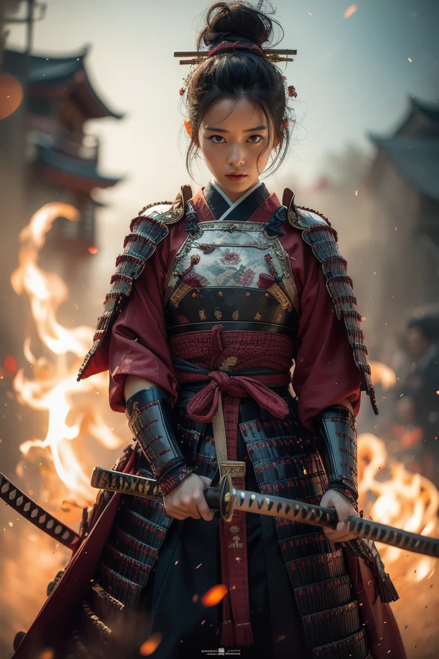 Akira Kurosawa's cinematic style poster,A 28-year-old girl,full body shoot,embodying the spirit of a Samurai from the Warring States Period in Japan. Brightly colored,with a backdrop of war,She wears traditional samurai armor adorned with intricate details,holding a katana with determination,The falling smoke of gunpowder,symbolizing the beauty amidst conflict,Detailed,historical,and with a touch of elegance,cinematic,detailed,style dominated by red,minimalist composition shimmer,edge ligh,
best quality,masterpiece,an extremely delicate and beautiful,CG,unity,8k wallpaper,Amazing,finely detail,masterpiece,official art,extremely detailed CG unity 8k wallpaper,incredibly absurdres,huge filesize,ultra-detailed,highres,extremely detailed,<lora:Samurai_20240302050726:0.8>,