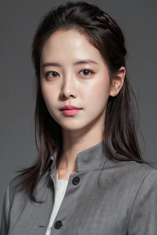 masterpiece, best quality, ultra-detailed, ultra high res, (photorealistic:1.4), raw photo, (realistic:0.2), 8k HDR, realistic lighting, 1girl, solo, looking at viewer, asymmetrical hair, (detailed oily skin), (detailed face), (simple gray background :1.1), (full body:1.2), closed mouth, collared shirt, black suit,