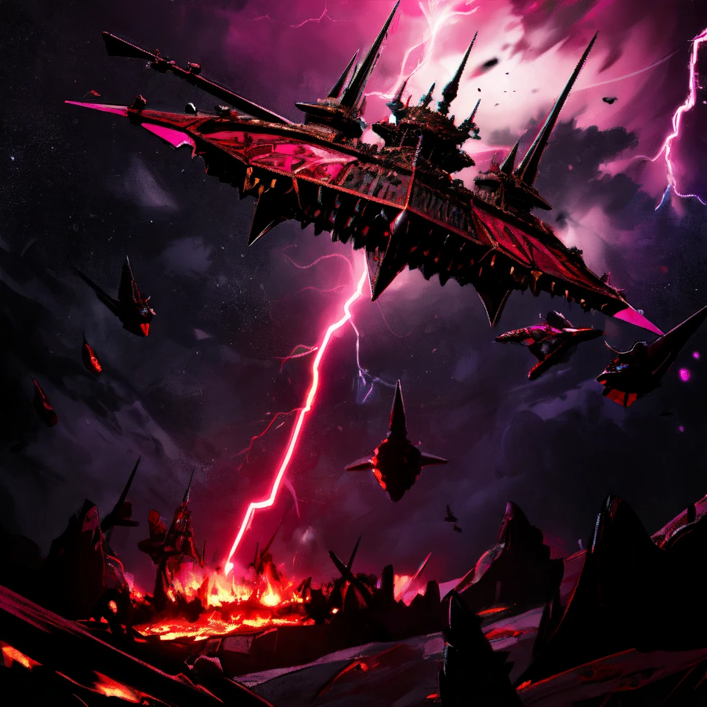 chaoswarfleet, in space, (pink), spikes, demons, battle, exposions, fire, motion_blur, maelstrom, storm, pink glow, lightning, no humans, horror_theme, hellish,
