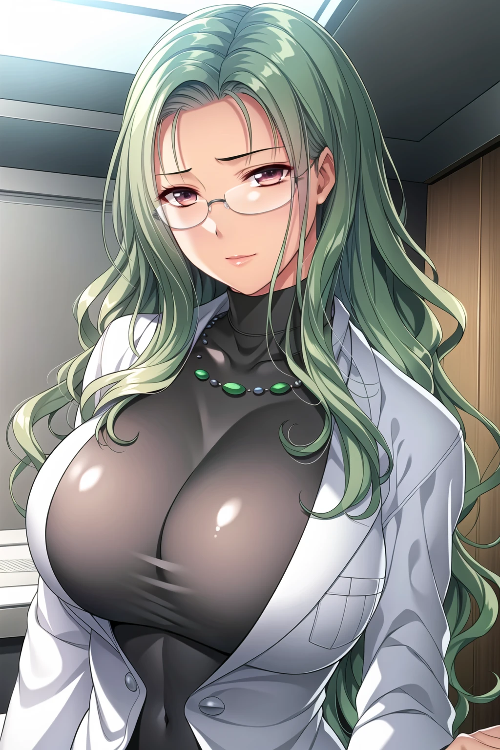 masterpiece, best quality,1girl, huge breasts,sagging breasts,green hair,messy hair,black eyes, lab coat,standing,laboratory,beaker,hand in pocket ,naked coat,coffee cup in hand,name tag,nipple piercing bar,expressionless