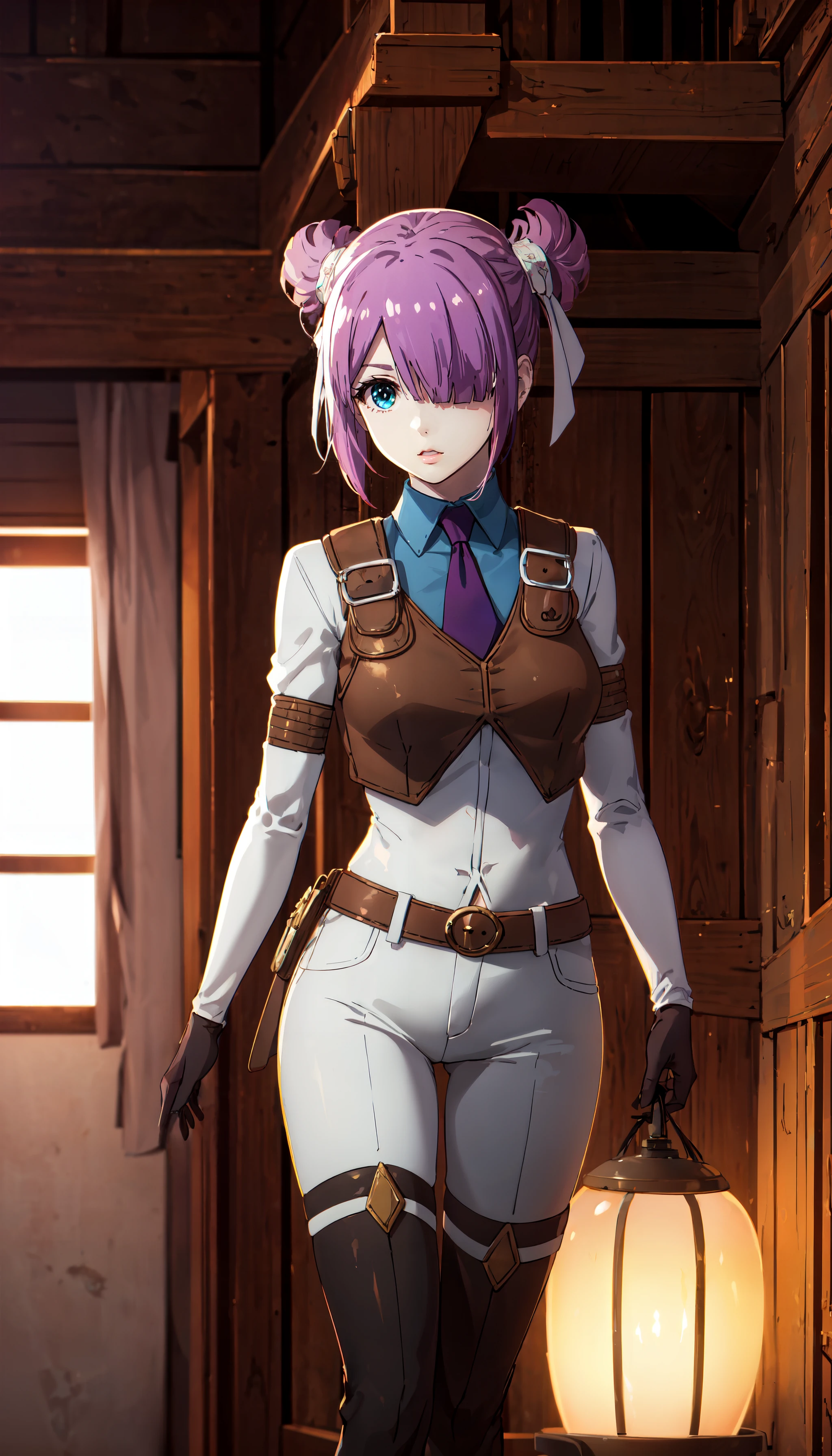 photorealistic, (4k), depth of field, (Masterpiece), (realistic skin texture), extremely detailed, intricate, hyper detailed, professional photography, bokeh, high resolution, sharp detail, best quality, girl, purple hair, hair covering one eye, aqua eyes, hair ribbons, tie, half vest, white outfit, white pants, armbands, black gloves, <lora:GoodHands-beta2:0.4>, <lora:detail_slider_v4:0.8> , dynamic pose, (crossed ankles), <lora:Laura Satii:0.8> , dungeon, stone ruins, dim lighting,
