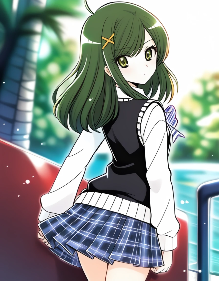 <lora:TachibanaYuriaXL_2-000020:0.8> 1girl, tachibana yuria, black sweater vest, white collared shirt, long sleeves, plaid skirt, x hair ornament, looking at viewer, from behind, looking back