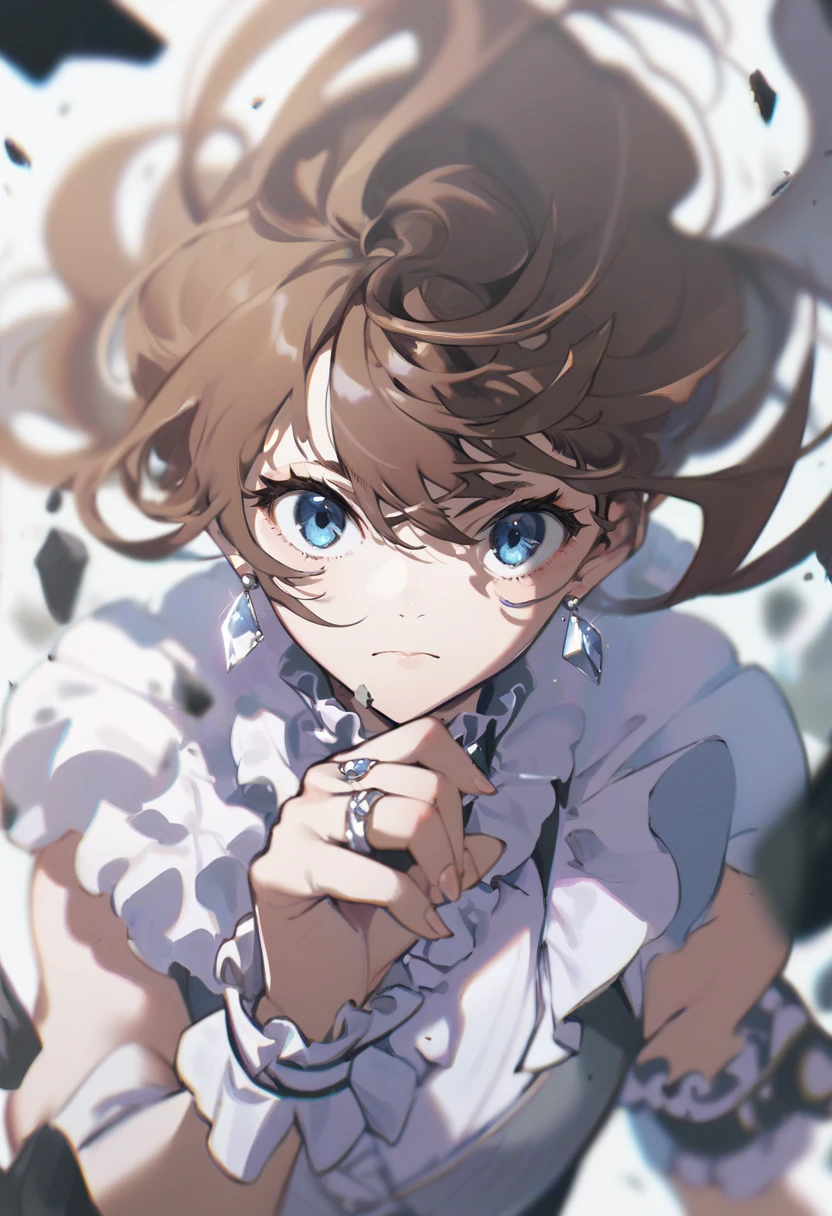 score_9, score_8_up, score_7_up, score_6_up, <lora:DPOXL:1> <lora:yoneyamaiXL_JS2_lokr_V12:1> 1girl, solo, brown hair, jewelry, blue eyes, earrings, looking at viewer, blurry, ring, bangs, long hair, floating hair, upper body, closed mouth, debris, wrist cuffs, hair between eyes, frills
