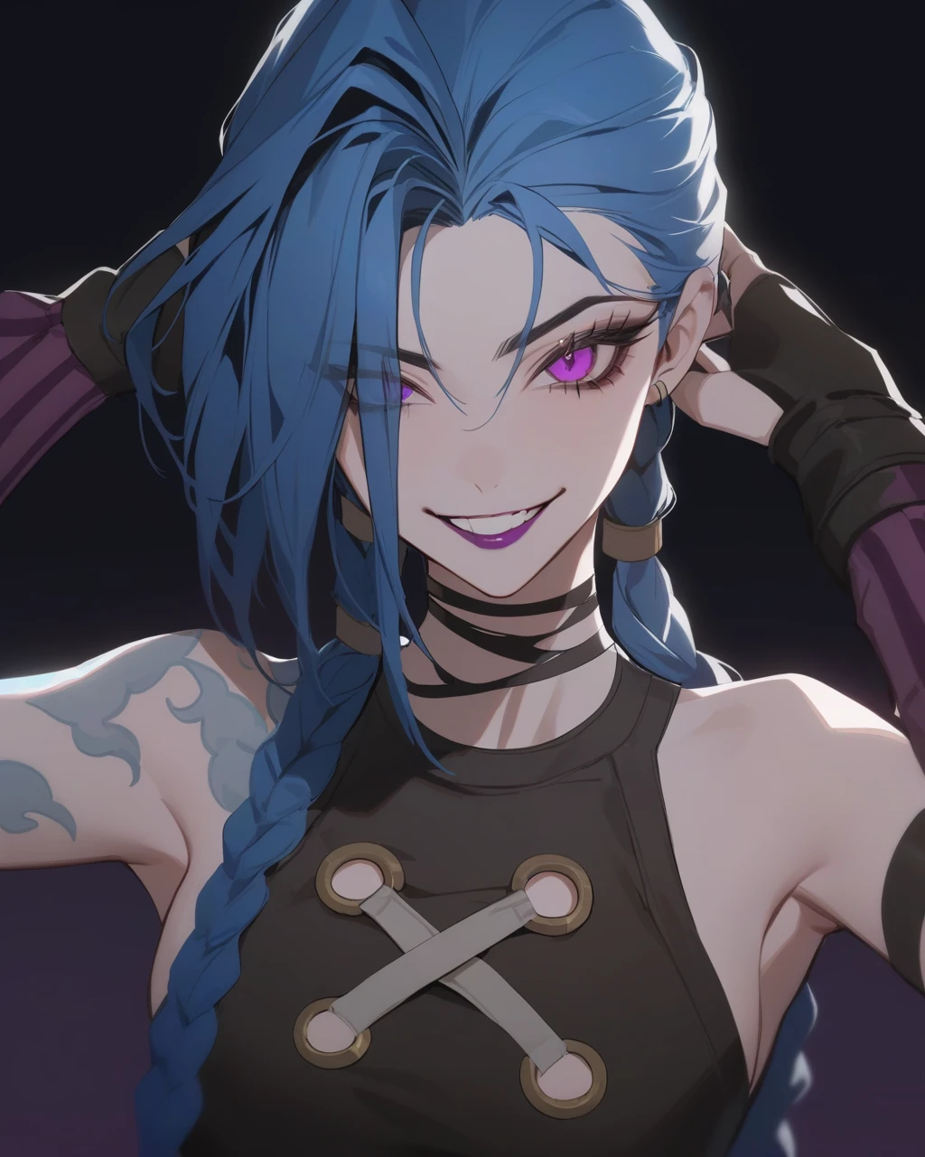 masterpiece,best quality,<lora:jinx:1>,parted_lips, teeth, choker, long_eyelashes, looking_at_viewer, purple_nails, arcane_jinx, jinx_(league_of_legends), 1girl, eyelashes, upper_body, pink_lips, black_choker, arcane:_league_of_legends, white_background, fingernails, solo, bare_shoulders, simple_background, blue_nails, hands, league_of_legends, smile