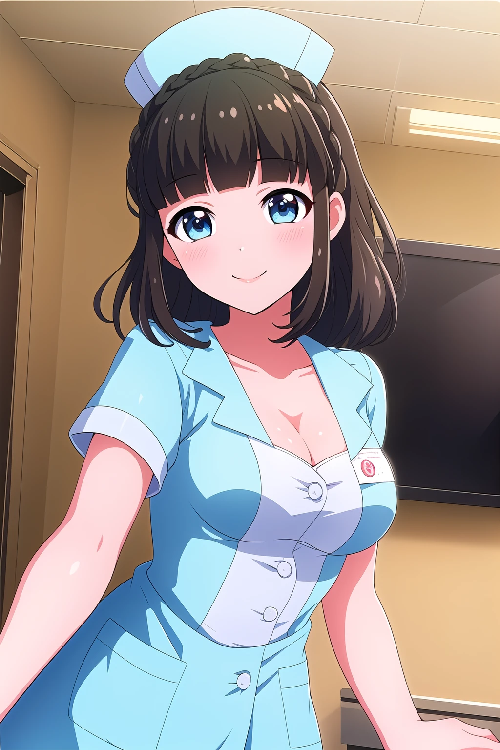 (masterpiece, best quality), highly detailed background, perfect lightingbest quality, asahinakokomi, solo, indoors, nurse, nurse cap, black hair, blunt bangs, crown braid, medium hair, blue eyes, medium breasts, blue dress, cleavage, short sleeves, smile, closed mouth, pink lips, <lora:Asahina-Kokomi:0.7>