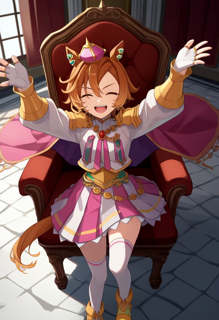 score_9, score_8_up, score_7_up, source_anime, solo, 1girl, tmoperao, smile, open mouth, upper teeth, looking at viewer, outstretched arms, mini crown, horse ears, closed eyes, white shirt, long sleeves, shoulder armor, pink cape, white gloves, single glove, fingerless gloves, two-tone skirt, pink skirt, white skirt, white thighhighs, yellow footwear, ear piercing, multiple rings, horse tail, throne room <lora:umamusume_tmoperao_ponyXL:1>
