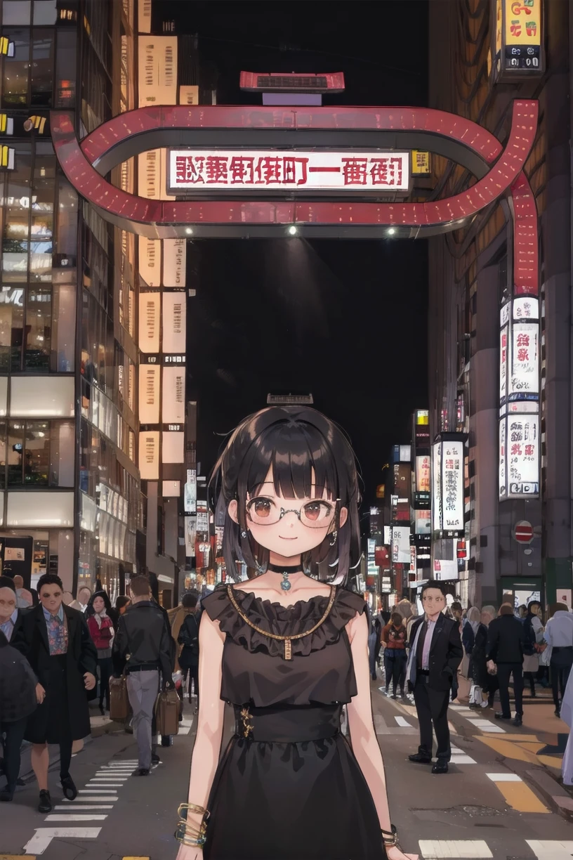 best quality, ultra high res,
1girl, solo, glasses, jewelry, long hair, necklace, smile, black hair, looking at viewer, black dress, dress, bracelet, choker, solo focus, upper body, looking at viewer, 
kabukicho1, road, scenery, city, street, crosswalk, sign, outdoors, 6+boys, building, multiple boys, sky, lamppost, night, cityscape, vanishing point, chinese text, pavement, crowd, cityscape, city lights, skyscraper,
<lora:kabukicho1_SD15_V2:1>