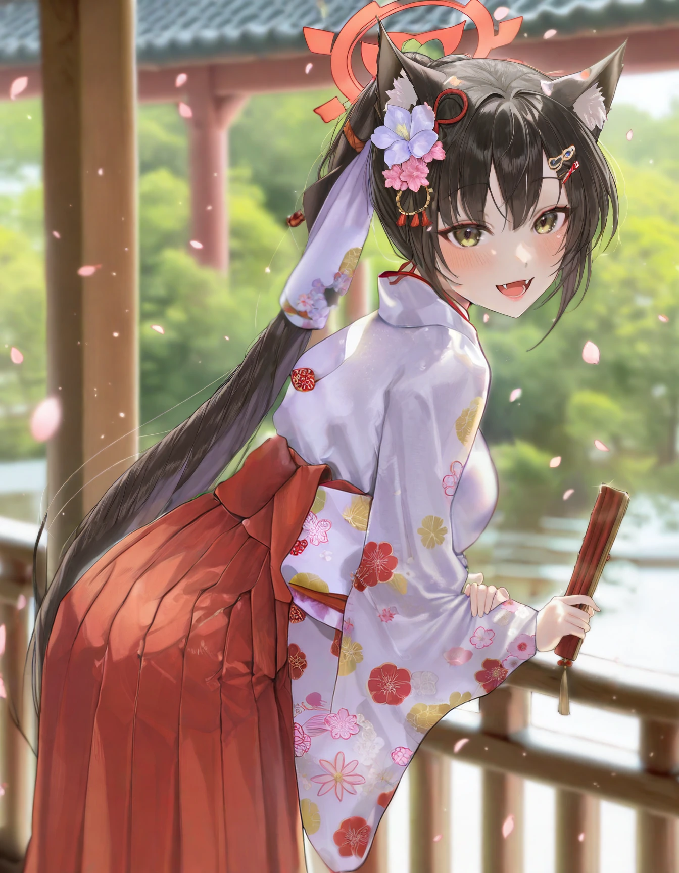 1girl, solo, holding fan, hand fan, folding fan, leaning forward, from side, railing, long hair, looking at viewer, blush, smile, open mouth, bangs, black hair, hair ornament, red eyes, long sleeves, very long hair, standing, ponytail, flower, :d, outdoors, japanese clothes, fang, cat ears, hair flower, wide sleeves, kimono, blurry, animal ear fluff, depth of field, blurry background, halo, floral print, hakama, hakama skirt, white kimono, miko, red hakama, falling petals, amazing quality, masterpiece, detailed 4k illustration, detailed, <lora:kren:1>