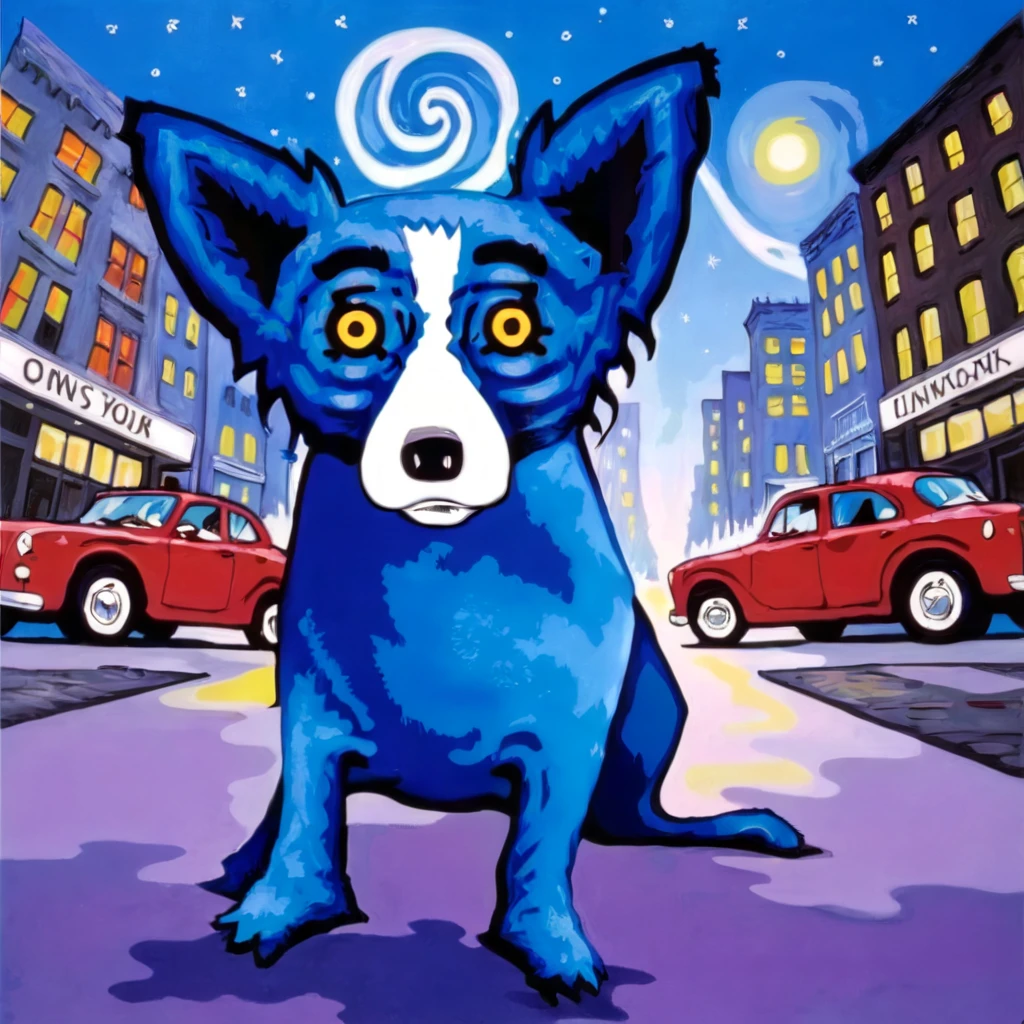 bledg blue dog in big city <lora:bledg:1>