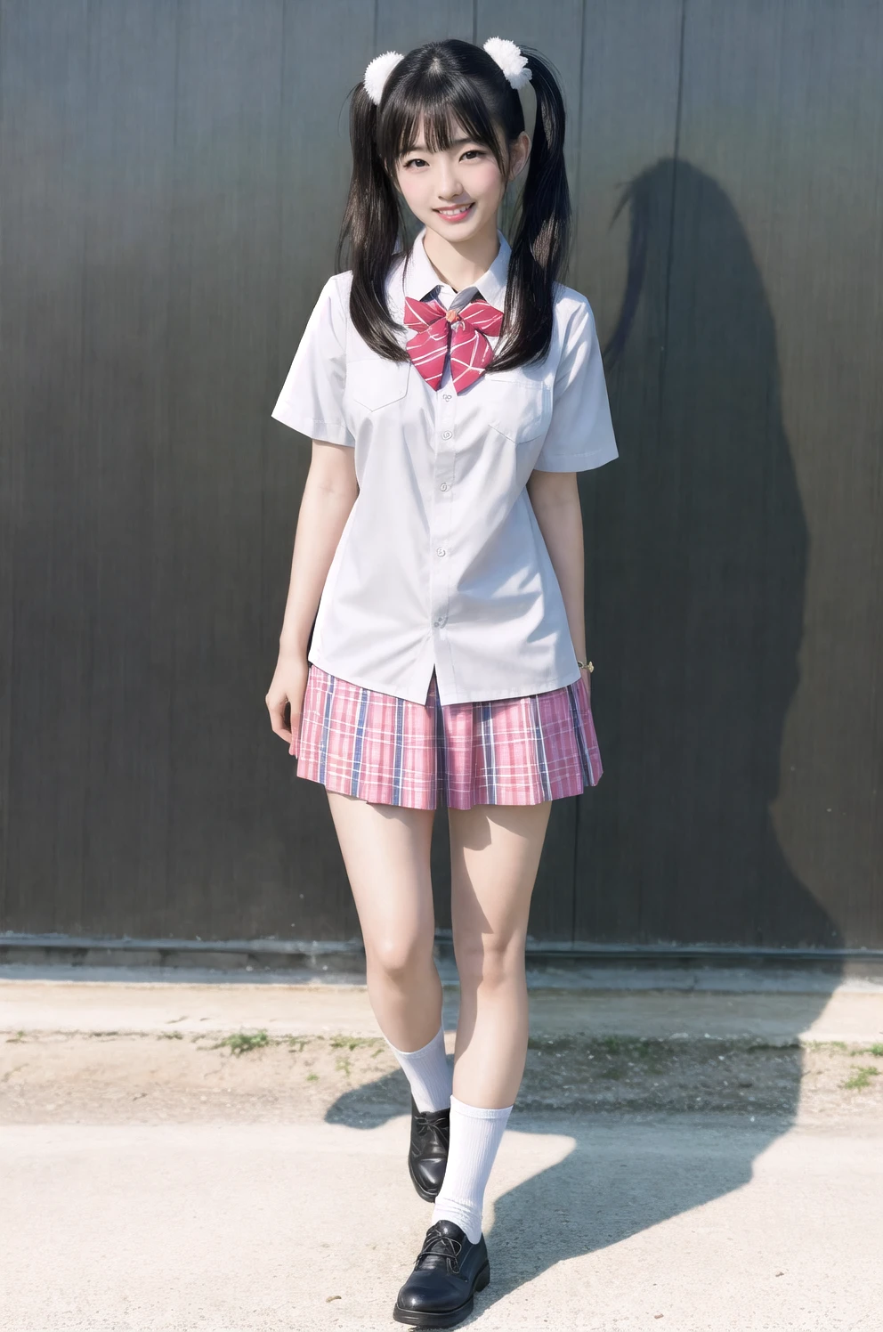 full body,from below,A 14-year-old junior high school girl with long black hair wearing a school uniform with a one eye closed,