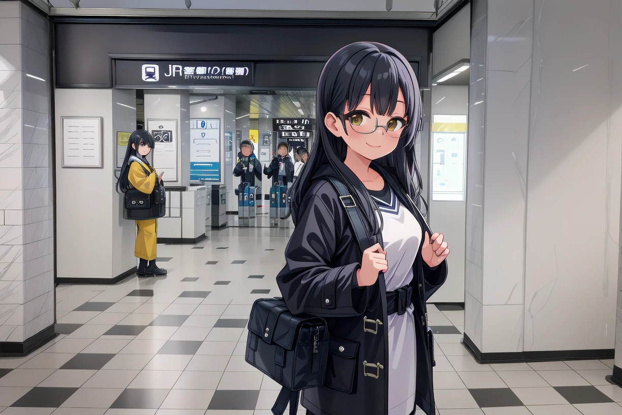 best quality, ultra high res,
1girl, solo, glasses, black hair, long hair, duffle coat, black bag, smile, looking at viewer, solo focus,
osakaeki, midosujiguchi, scenery, sign, real world location, indoors, tile floor
<lora:midosujiguchi_SD15_V1LierLa:1>