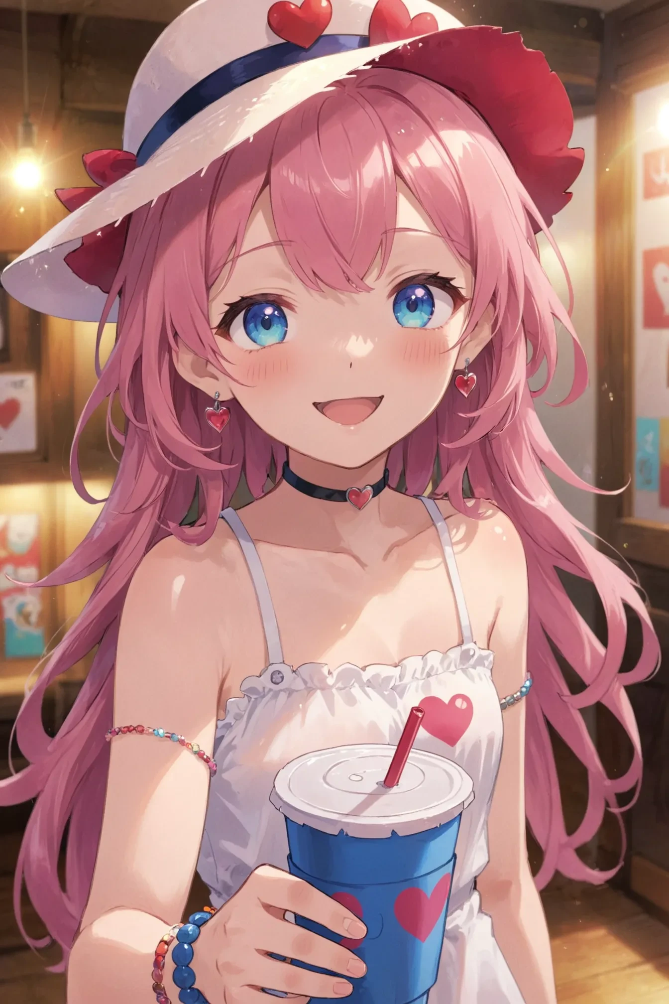 anime, 1girl, solo, indoors, blue eyes, bracelet, buttons, cup, disposable cup, drinking straw, earrings, floating hair, hat, heart, heart choker, jewelry, looking at viewer, medium hair, open mouth, pink hair, smile, sparkle, upper body, white headwear
