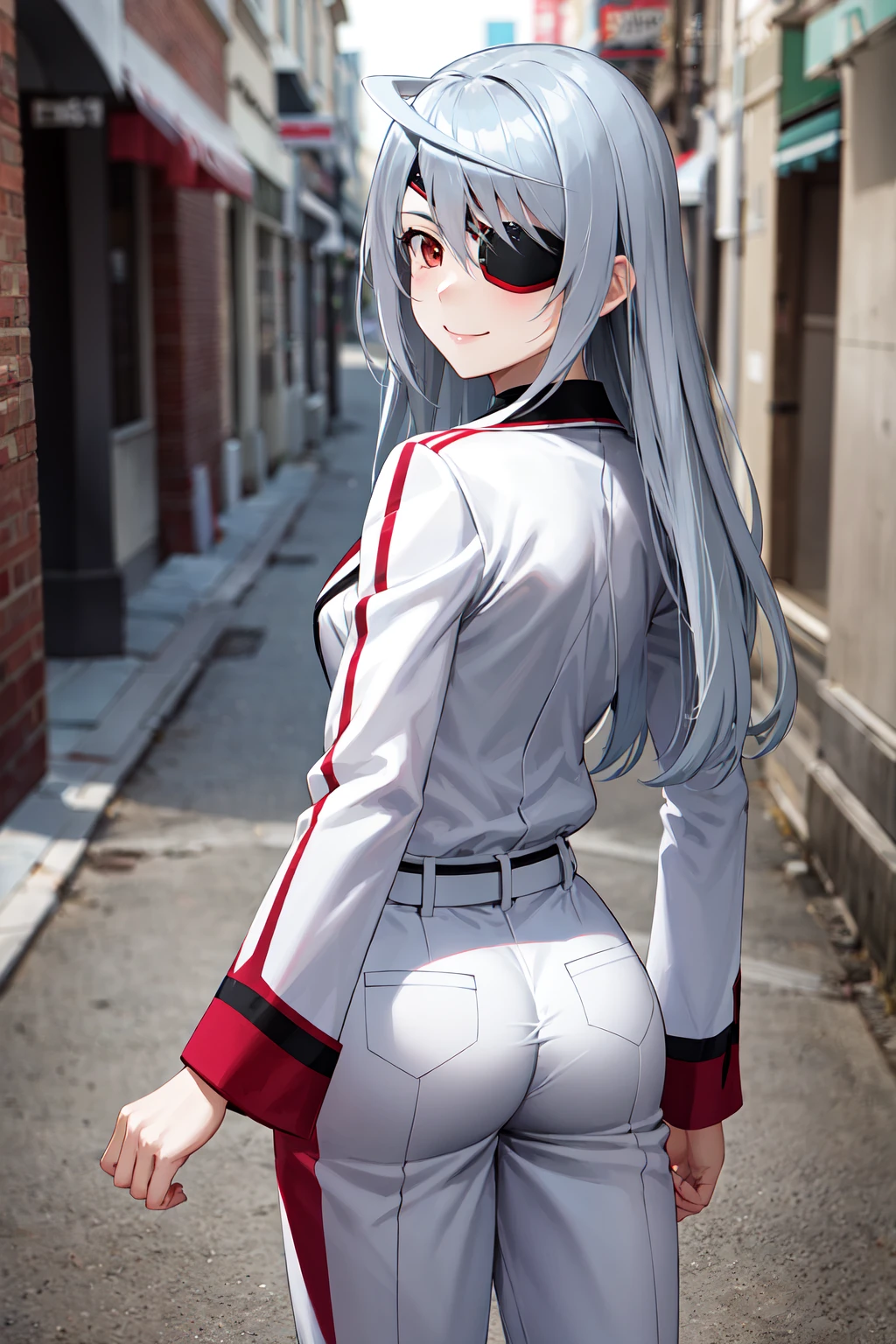 masterpiece, best quality, highres, aalaura, long hair, eyepatch, school uniform, white jacket, belt, white pants, <lora:laura_bodewig_v1:0.7>, cowboy shot, street, outdoors, from behind, smile, looking back