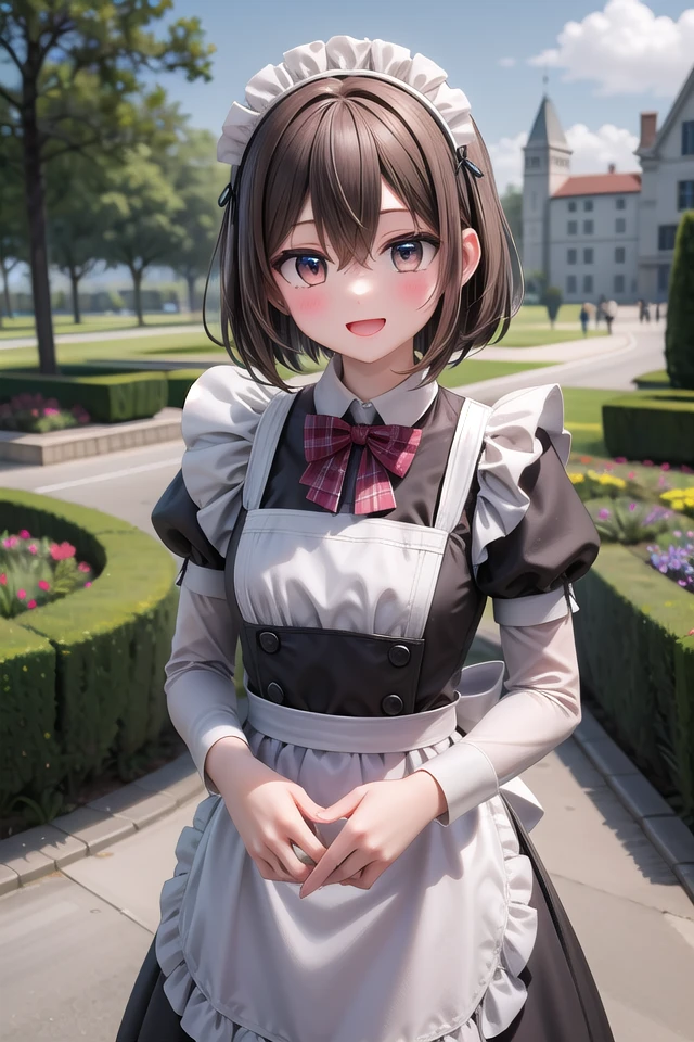 insanely detailed, absurdres, ultra-highres, ultra-detailed, best quality,
1girl, solo, nice hands, perfect hands
BREAK
(cleavage:-1.5),
(traditional maid:1.2),
apron, blush, bow, bowtie, frilled apron, frills, long sleeves, maid, maid apron, maid headdress, waist apron, white apron,
(maid costume, maid hair dress:1.3), long skirt
BREAK
happy smile, laugh, open mouth
BREAK
,
standing, cowboy shot, looking at viewer
BREAK
slender, kawaii, perfect symmetrical face, ultra cute girl, ultra cute face, ultra detailed eyes, ultra detailed hair, ultra cute, ultra beautiful
BREAK
fantasy world, garden of a castle, depth of field, ultra detailed background
BREAK
medium breasts
BREAK
(brown hair, brown eyes), short bob cut, hair between eyes