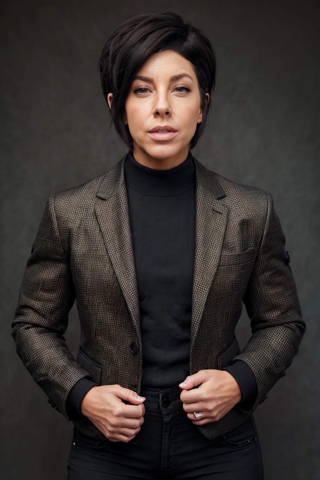 danalinnbailey, woman, face, portrait, highly detailed, realistic, short hair, black hair, tanned, formal, jacket,
<lora:DanaLinnBaileySD:1>
